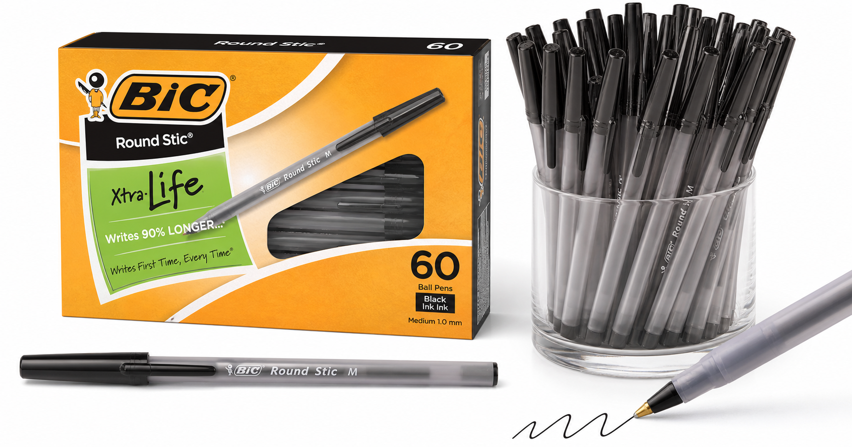 BIC Round Stic Xtra Life Ballpoint Pen (60-Count, Black): Reliable Bulk Writing Workhorse