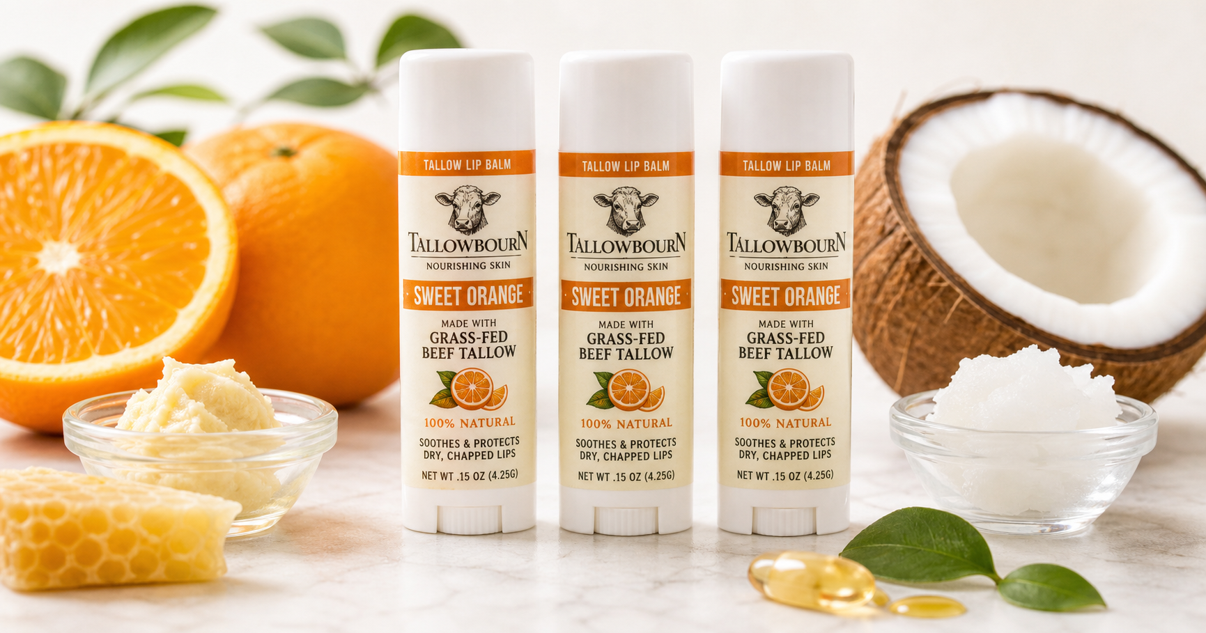 Tallowbourn Grass-Fed Tallow Lip Balm (Sweet Orange, 3-Pack): A Clean, Long-Lasting Moisturizer for Dry Lips
