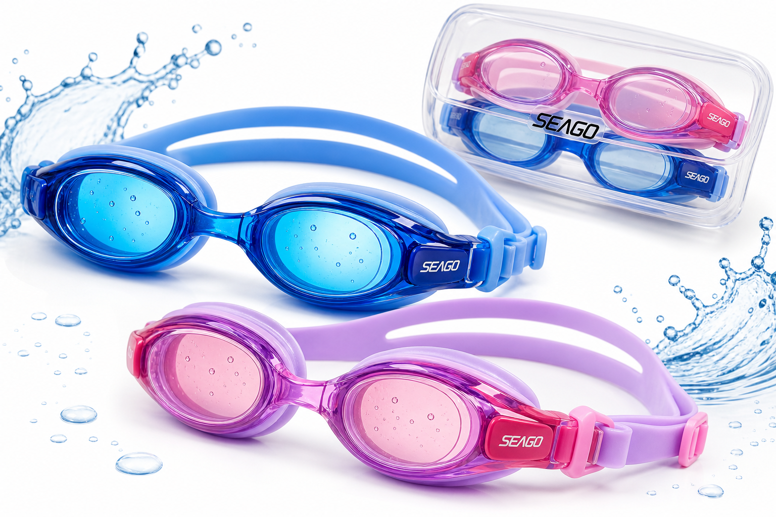 Seago Swim Goggles 2 Pack for Kids (Ages 3–14): Clear, Comfortable Protection for Pool Days