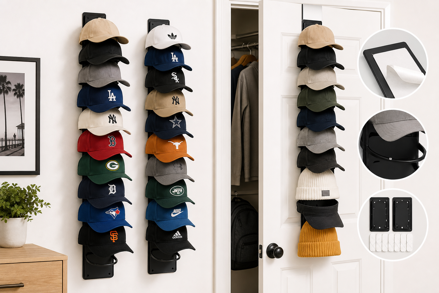 Houoisheck 2-Pack Hat Organizer for Baseball Caps Review: Space-Saving Wall and Door Storage for Up to 20 Hats
