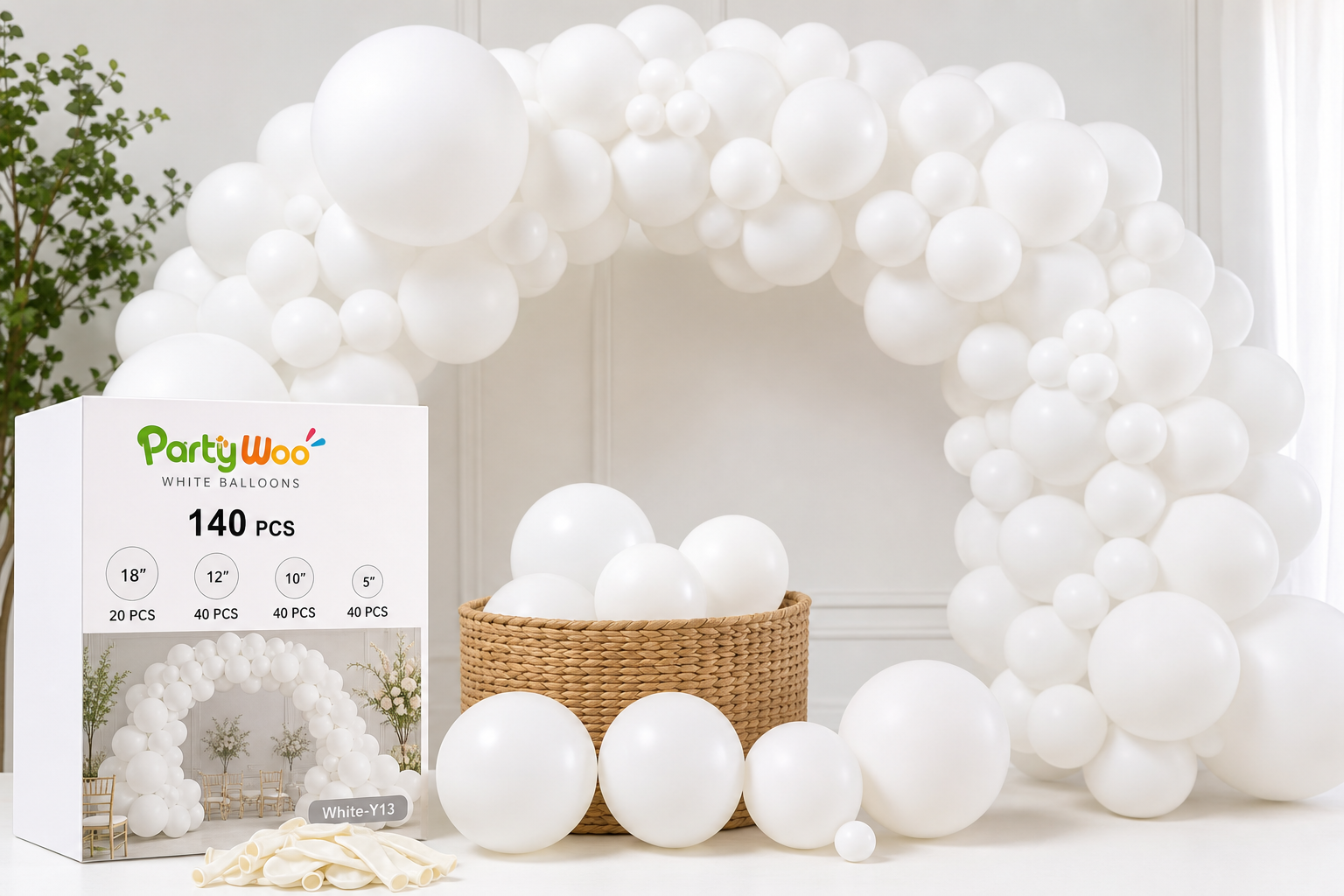 PartyWoo White Balloons 140 pcs (White-Y13) Review: A Versatile All‑White Garland Kit for Clean, Modern Decor