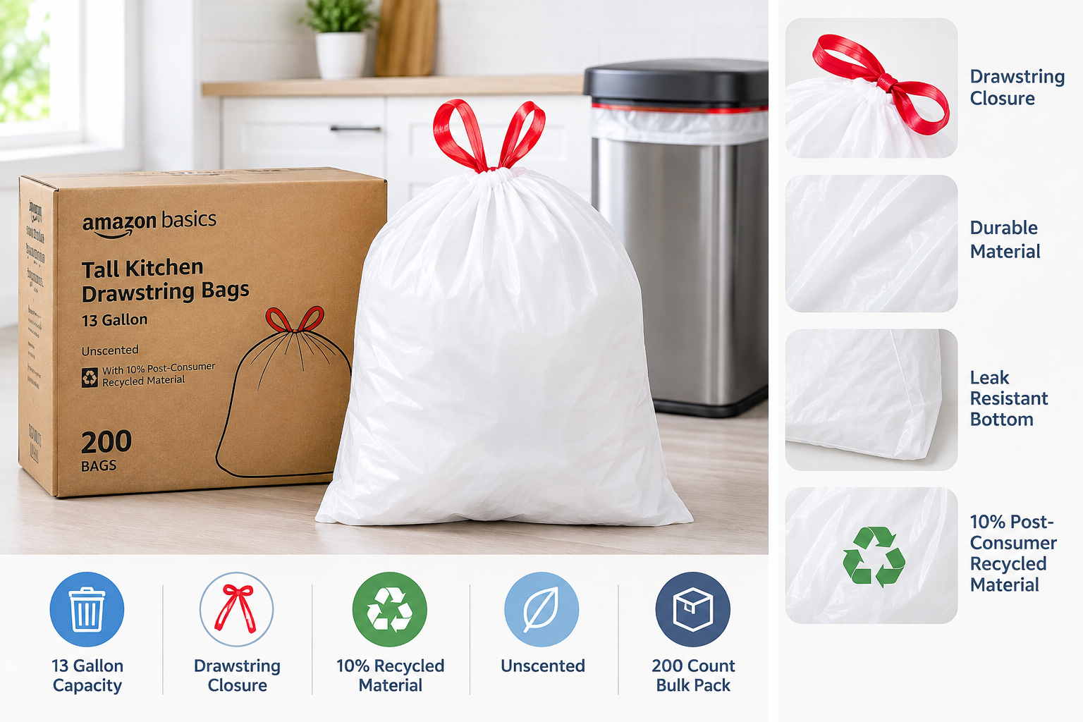 Amazon Basics 13 Gallon Tall Kitchen Drawstring Trash Bags (200-Count) Review